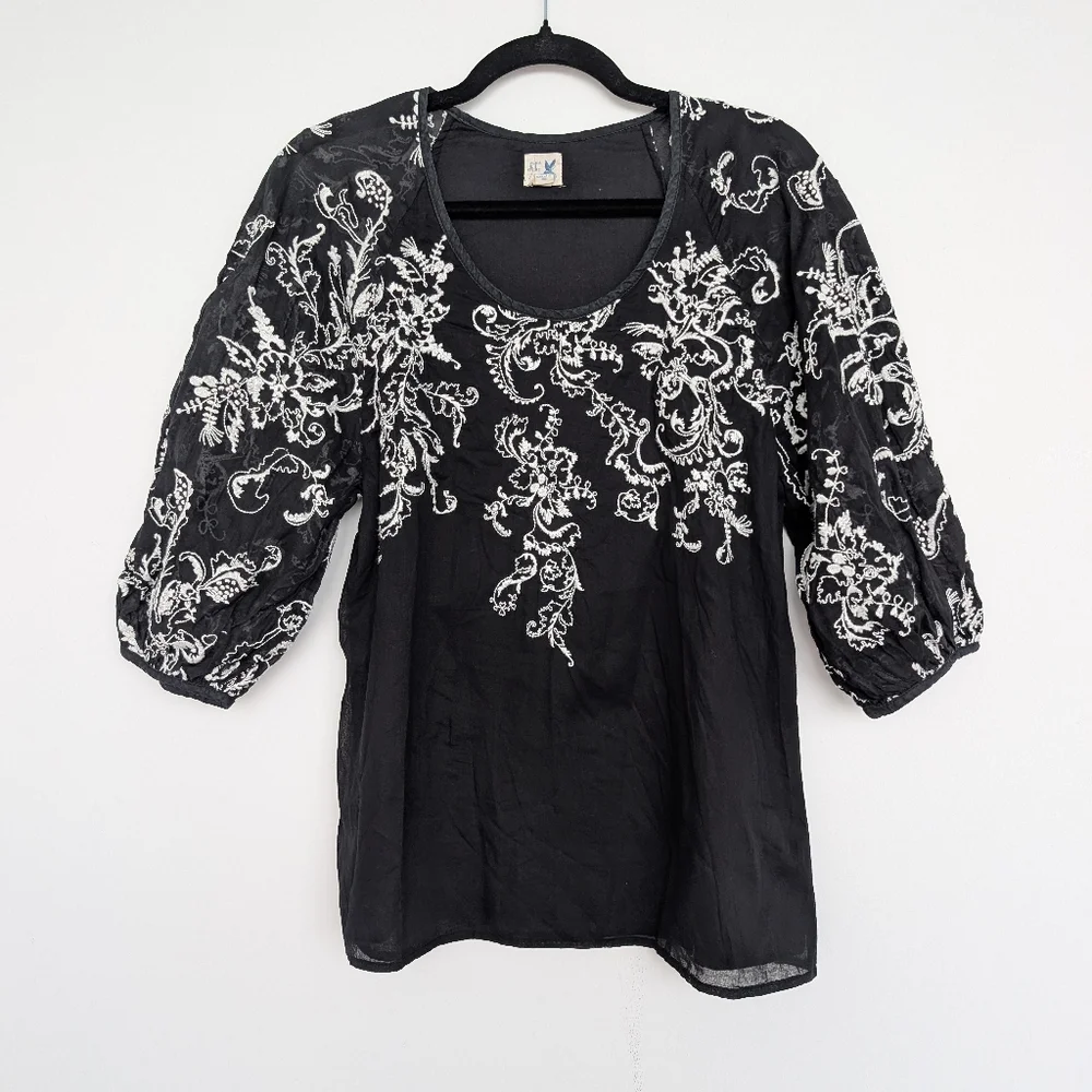 Anthropologie Edme & Esyllte Embroidered Puff Sleeve Cotton Silk Blouse Sz 6